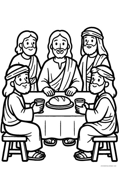Christliches Ausmalbild: Jesus sitzt mit seinen zwölf Jüngern am Tisch mit Brot und Kelch
