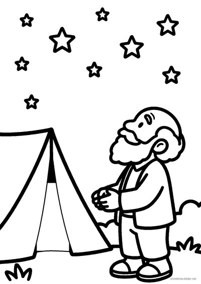 Christliches Ausmalbild: Abraham steht vor seinem Zelt und schaut in den Himmel voller Sterne