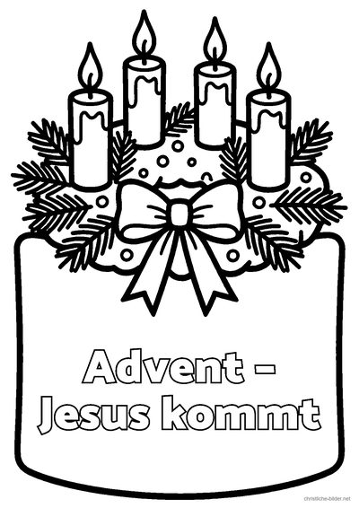Christliches Ausmalbild: Adventskranz mit vier Kerzen und Schleifen und der Schrift „Advent – Jesus kommt“