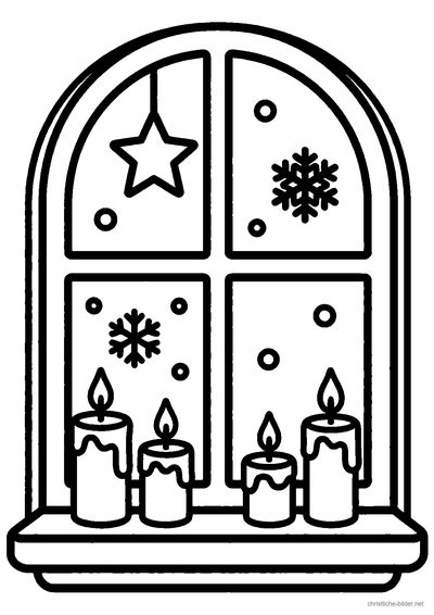 Christliches Ausmalbild: Ein Fenster mit leuchtenden Kerzen und Sternen in der Adventszeit