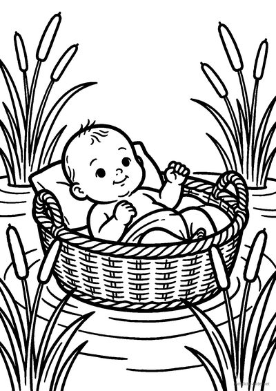 Christliches Ausmalbild: Baby Mose in einem Körbchen im Schilf am Fluss