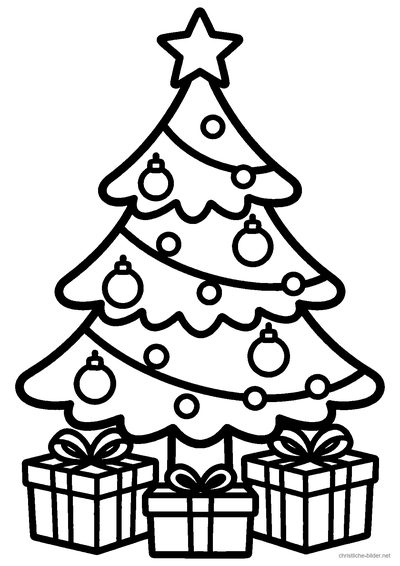 Christliches Ausmalbild: Geschmückter Christbaum mit Stern auf der Spitze und Geschenken