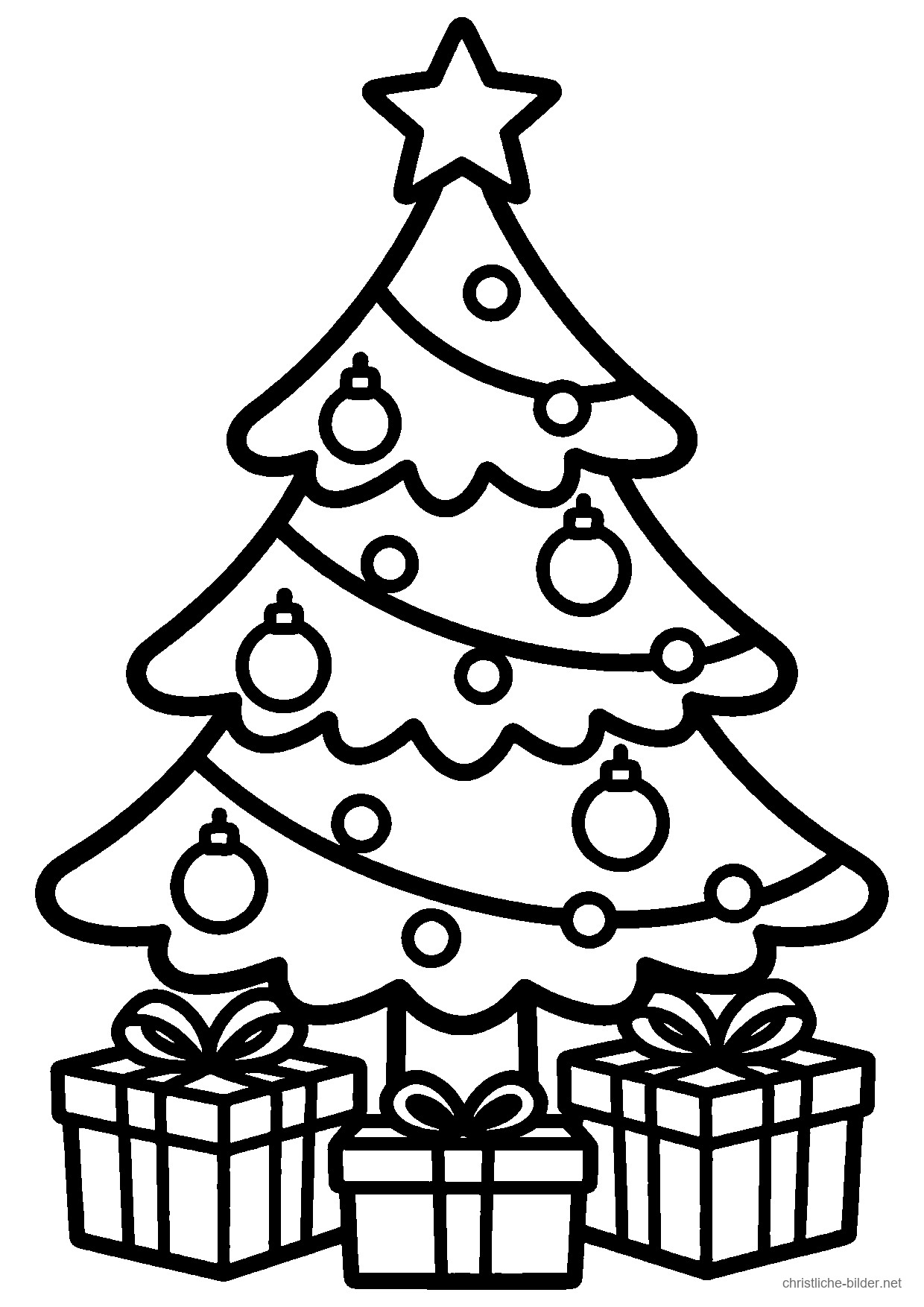 Christliches Ausmalbild: Geschmückter Christbaum mit Stern auf der Spitze und Geschenken