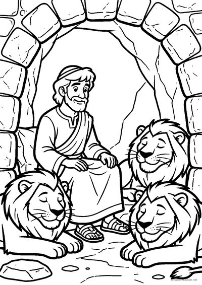 Christliches Ausmalbild: Daniel sitzt betend in einer Grube zwischen ruhigen Löwen
