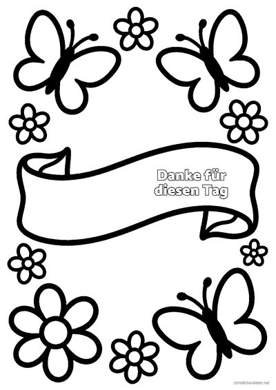 Christliches Ausmalbild: Banner mit Schmetterlingen und der Schrift „Danke für diesen Tag“