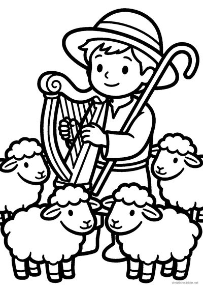 Christliches Ausmalbild: der junge David spielt Harfe bei seinen Schafen