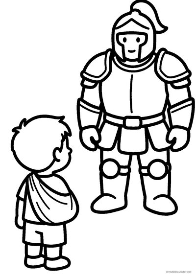 Christliches Ausmalbild: der kleine David mit Schleuder vor dem riesigen Krieger Goliat