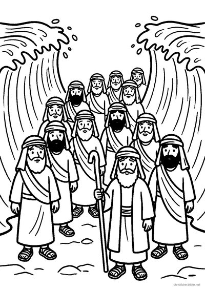 Christliches Ausmalbild: das Volk Israel geht zwischen zwei hohen Wasserwänden durchs Meer, vorn Mose mit Stab