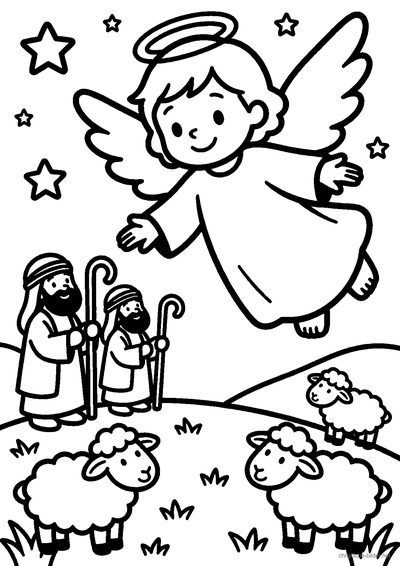 Christliches Ausmalbild: Ein Engel erscheint den Hirten und ihren Schafen auf dem Feld bei Nacht