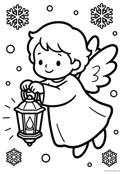 Christliches Ausmalbild: Ein Engel hält eine leuchtende Laterne in der Hand