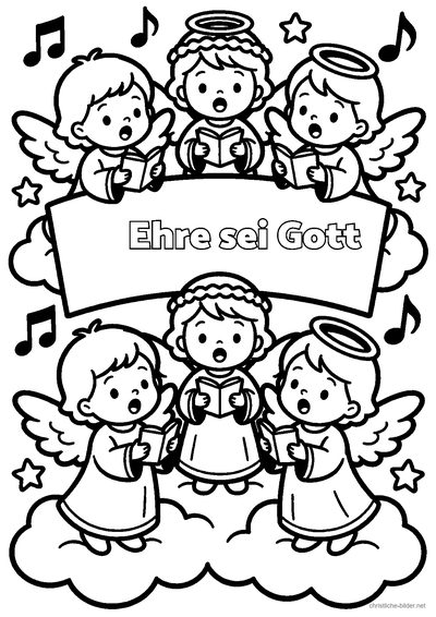 Christliches Ausmalbild: Ein Chor von Engeln singt am Himmel, mit der Schrift „Ehre sei Gott“