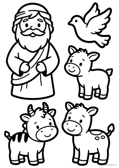 Christliches Ausmalbild: Bastelbogen mit Fingerpuppen von biblischen Figuren wie Hirte, Schaf, Maria und Josef