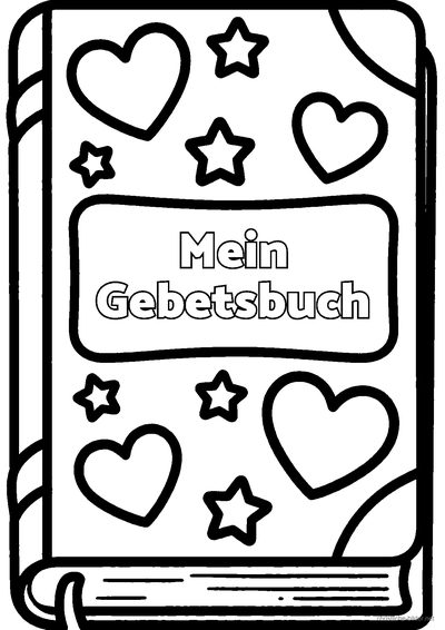 Christliches Ausmalbild: Buchdeckblatt mit Herzen, Sternen und der Schrift „Mein Gebetsbuch“