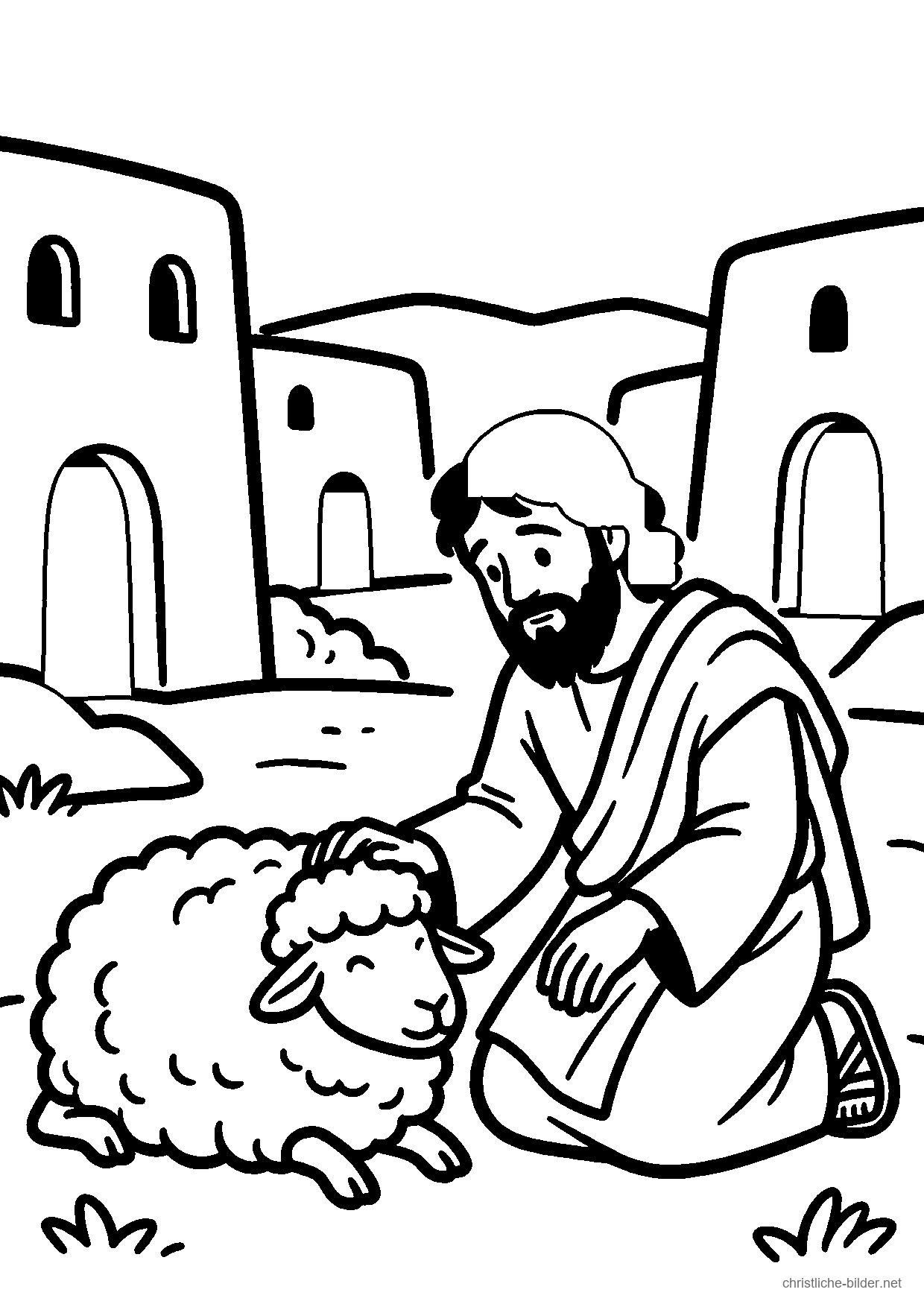 Christliches Ausmalbild: Gideon kniet bei einem Schaffell auf dem Dreschplatz