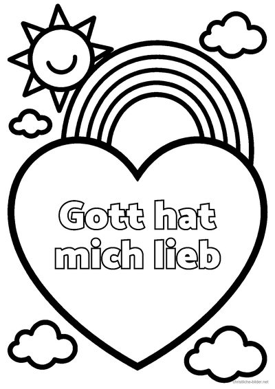 Christliches Ausmalbild: Herz mit Sonne und Regenbogen und der Schrift „Gott hat mich lieb“