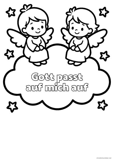 Christliches Ausmalbild: Engel auf einer Wolke mit der Schrift „Gott passt auf mich auf“