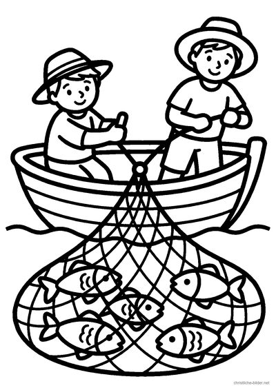 Christliches Ausmalbild: Jünger im Boot ziehen ein Netz voller Fische aus dem See