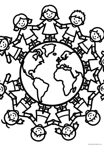 Christliches Ausmalbild: Kinder aus verschiedenen Ländern halten sich an den Händen um eine Weltkugel