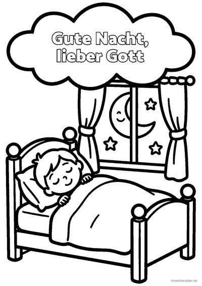 Christliches Ausmalbild: Mond und Sterne über einem schlafenden Kind mit der Schrift „Gute Nacht, lieber Gott“