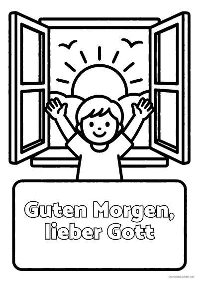 Christliches Ausmalbild: aufgehende Sonne mit der Schrift „Guten Morgen, lieber Gott“