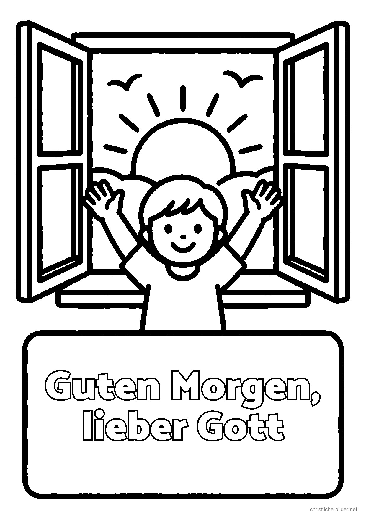 Christliches Ausmalbild: aufgehende Sonne mit der Schrift „Guten Morgen, lieber Gott“