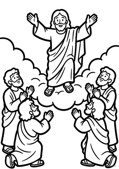 Christliches Ausmalbild: Jesus wird auf einer Wolke emporgehoben, die Jünger schauen ihm nach