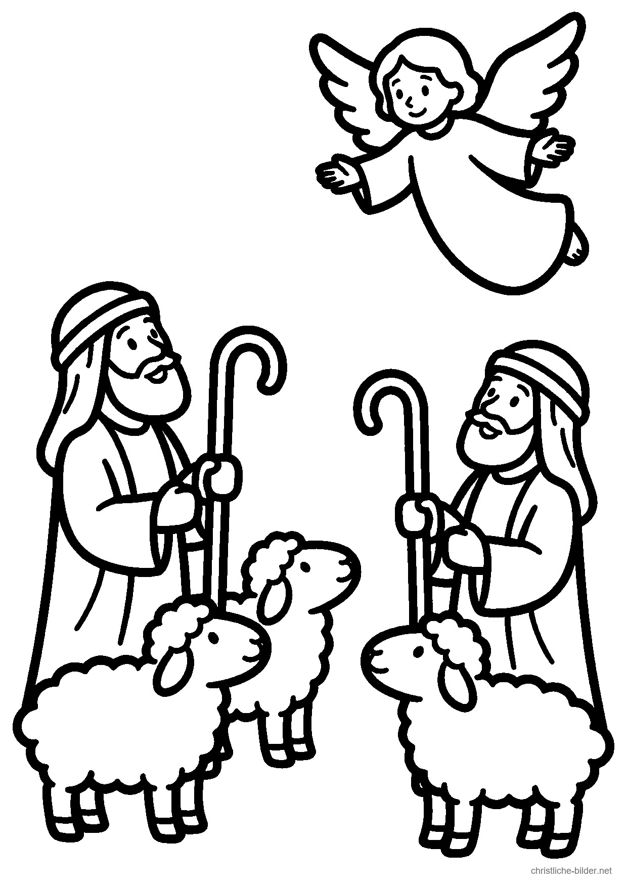 Christliches Ausmalbild: Hirten mit Schafen auf dem Feld, über ihnen ein Engel im hellen Licht