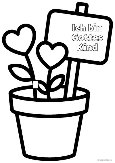 Christliches Ausmalbild: Blumentopf mit herzförmigen Blüten und der Schrift „Ich bin Gottes Kind“