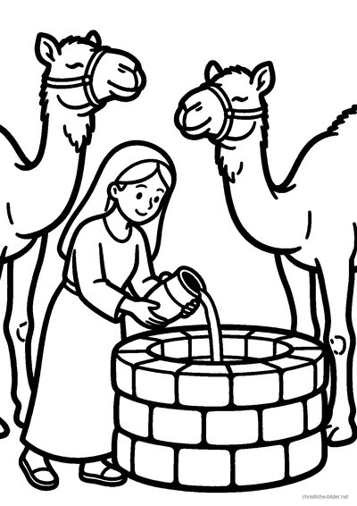 Christliches Ausmalbild: Rebekka mit Wasserkrug am Brunnen, daneben Kamele und Abrahams Knecht