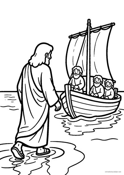 Christliches Ausmalbild: Jesus geht auf den Wellen und reicht dem sinkenden Petrus die Hand