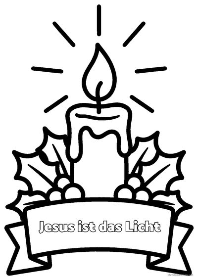 Christliches Ausmalbild: brennende Kerze mit Lichtstrahlen und der Schrift „Jesus ist das Licht“