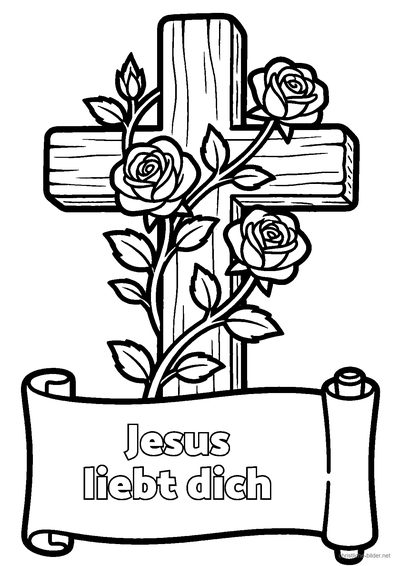 Christliches Ausmalbild: Kreuz mit Blumenranke und der Schrift „Jesus liebt dich“