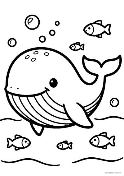 Christliches Ausmalbild: freundlicher großer Fisch im Meer mit Wellen