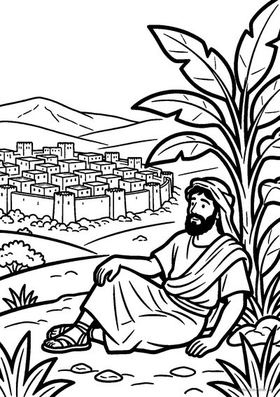 Christliches Ausmalbild: Jona sitzt im Schatten einer großen Staude, im Hintergrund die Stadt Ninive
