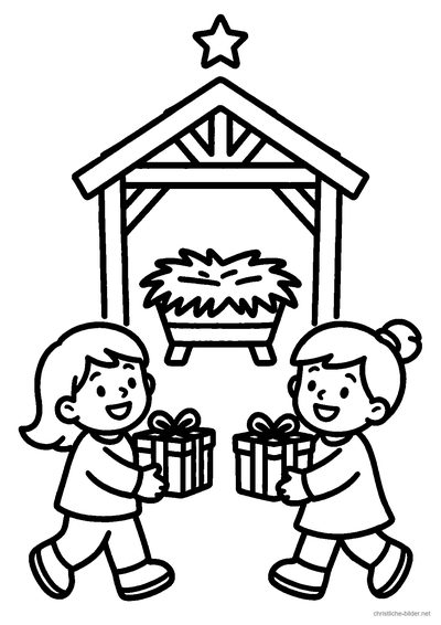 Christliches Ausmalbild: Kinder stehen an der Krippe und bringen dem Jesuskind kleine Geschenke