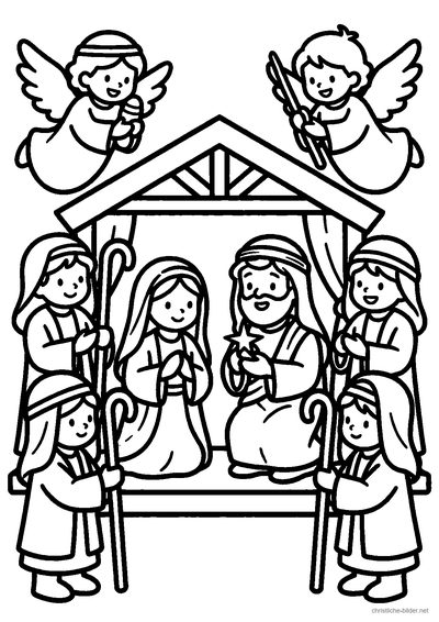 Christliches Ausmalbild: Kinder in Kostümen als Maria, Josef, Engel und Hirten spielen ein Krippenspiel