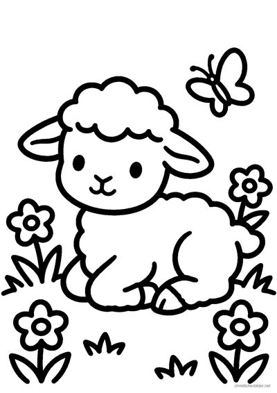 Christliches Ausmalbild: kleines Lamm auf einer Wiese mit Blumen