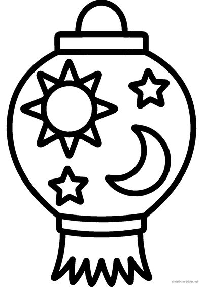 Christliches Ausmalbild: runde Laterne mit Mond- und Sternmotiv an einem Stab