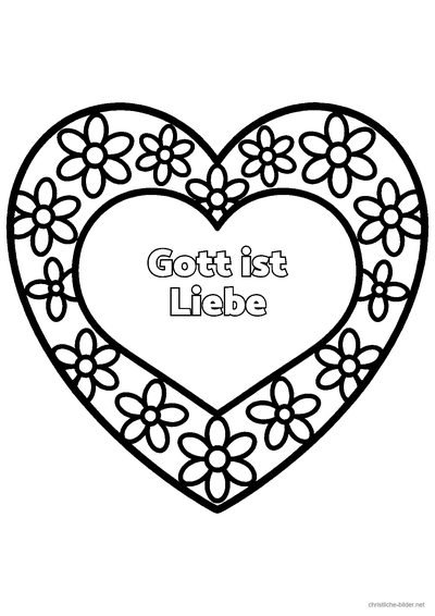Christliches Ausmalbild: Herz-Mandala mit großen Flächen und der Schrift „Gott ist Liebe“