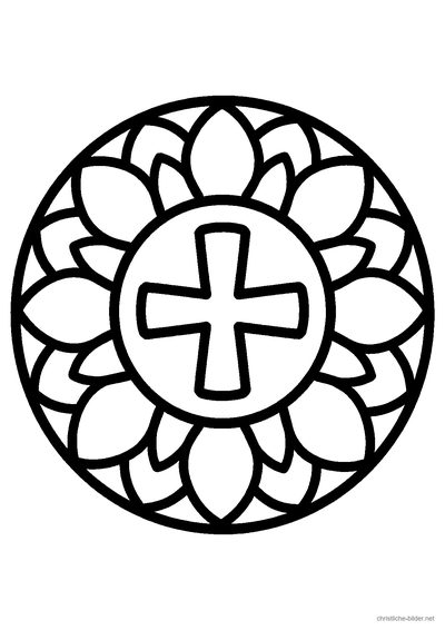 Christliches Ausmalbild: rundes Mandala mit einem Kreuz in der Mitte und verschlungenen Mustern