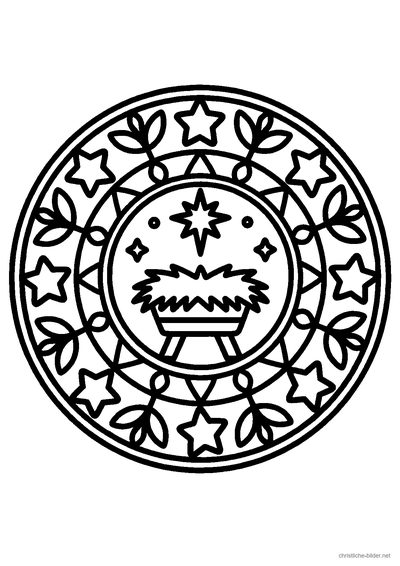 Christliches Ausmalbild: Rundes Mandala mit der Krippe und dem Jesuskind in der Mitte