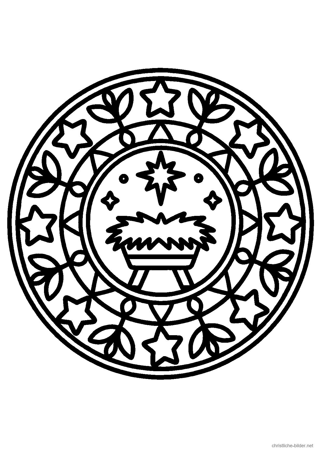 Christliches Ausmalbild: Rundes Mandala mit der Krippe und dem Jesuskind in der Mitte