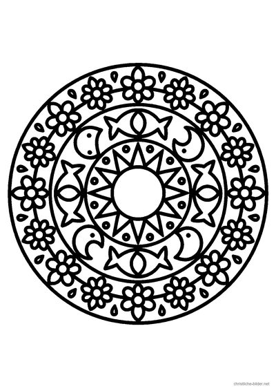 Christliches Ausmalbild: rundes Mandala mit Sonne, Mond, Pflanzen, Fischen und Vögeln in Ringen