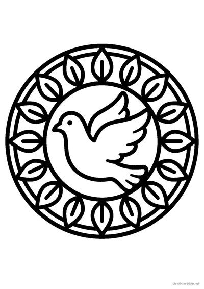 Christliches Ausmalbild: rundes Mandala mit einer Taube in der Mitte und Blätterornamenten