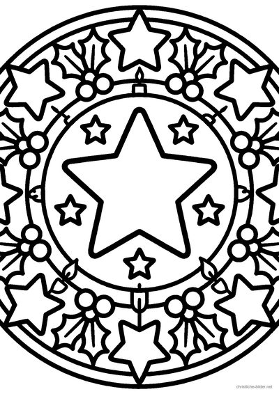 Christliches Ausmalbild: Rundes Mandala mit einem großen Weihnachtsstern in der Mitte