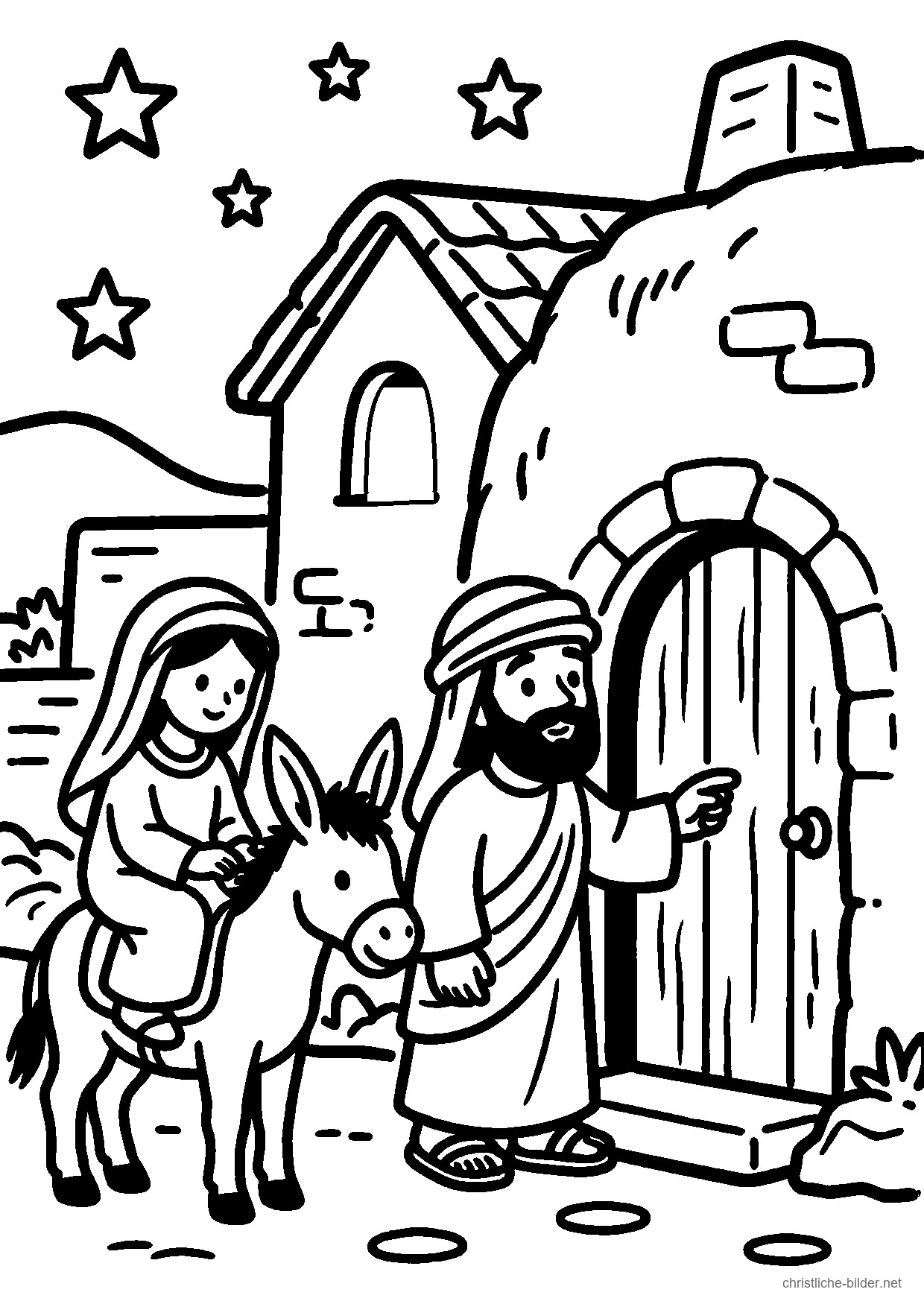 Christliches Ausmalbild: Maria und Josef stehen in Bethlehem vor einer Tür und suchen eine Unterkunft