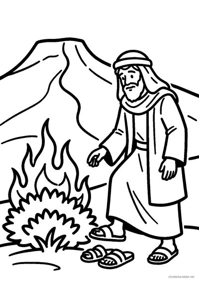 Christliches Ausmalbild: Mose ohne Schuhe vor einem brennenden Dornbusch, daneben Schafe