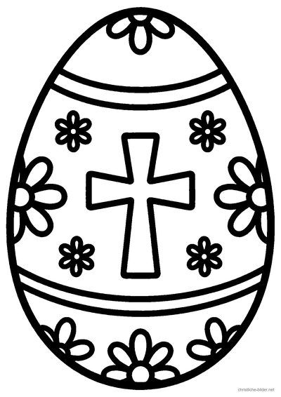 Christliches Ausmalbild: großes Osterei mit Kreuz in der Mitte und Blumenmustern