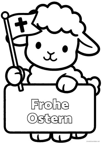 Christliches Ausmalbild: Osterlamm mit Kreuzfahne und der Schrift „Frohe Ostern“
