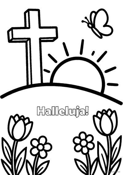 Christliches Ausmalbild: aufgehende Sonne über einem Garten mit Blumen und der Schrift „Halleluja!“